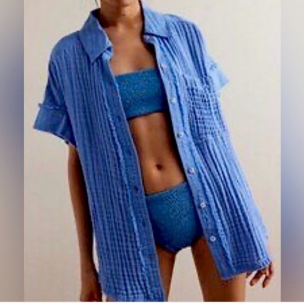 Free People Blue Textured Button-Down Shirt
